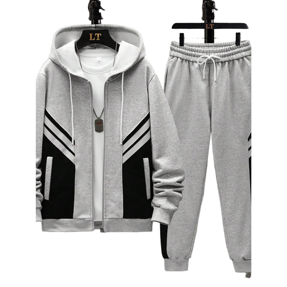 Men Two Tone Drawstring Hoodie & Sweatpants Wout Tee-GREY-S